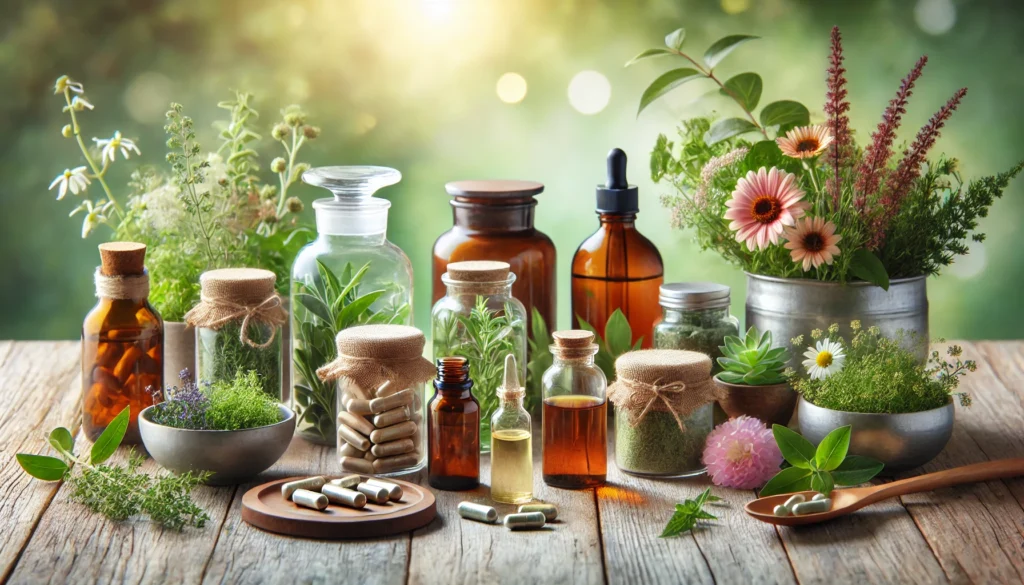 A serene, nature-inspired setting with organic supplements – A calming arrangement of organic health supplements, including herbal capsules, natural extracts, and powdered superfoods, displayed on a wooden table surrounded by fresh herbs and flowers. The soft background highlights the purity and quality of the products.

