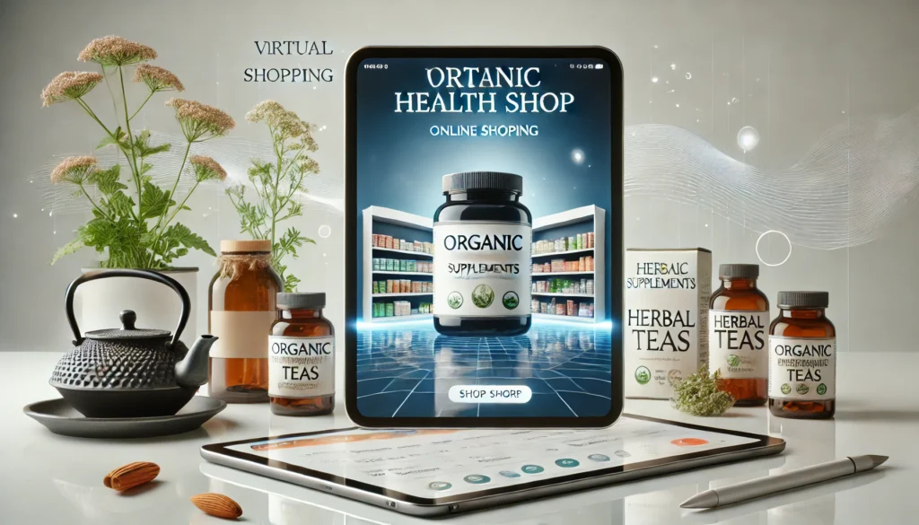A visually appealing online shopping concept – A modern digital tablet displaying an online store interface for an organic health shop. The sleek background emphasizes the convenience of purchasing high-quality natural health products online, including supplements and herbal teas.

