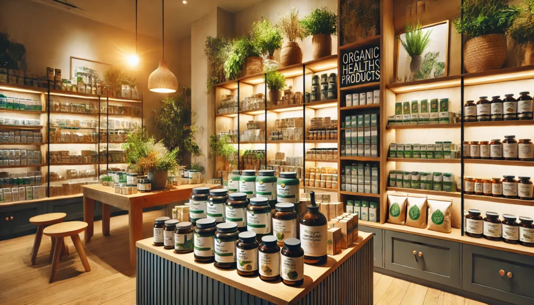 A beautifully arranged display of organic health products – An inviting organic health shop featuring well-stocked shelves with high-quality supplements, herbal remedies, and natural wellness products in sustainable packaging. The wooden shelves and green plants create an eco-friendly and welcoming atmosphere.