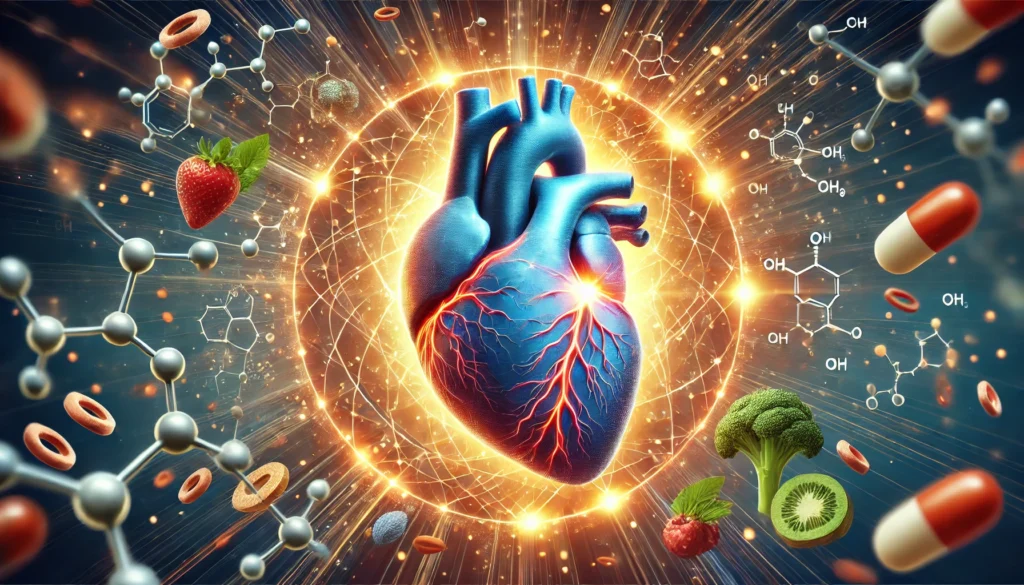 A striking artistic representation of a glowing human heart with an illuminated circulatory system, encircled by nutritious whole foods rich in Vitamin B and molecular structures representing energy metabolism, showcasing the cardiovascular benefits of B complex vitamins.