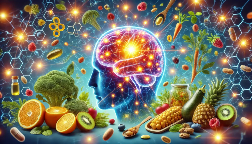 A glowing, anatomically accurate human brain with highlighted neural connections, surrounded by natural food sources rich in Vitamin B, symbolizing the essential role of B vitamins in brain function and nervous system health.