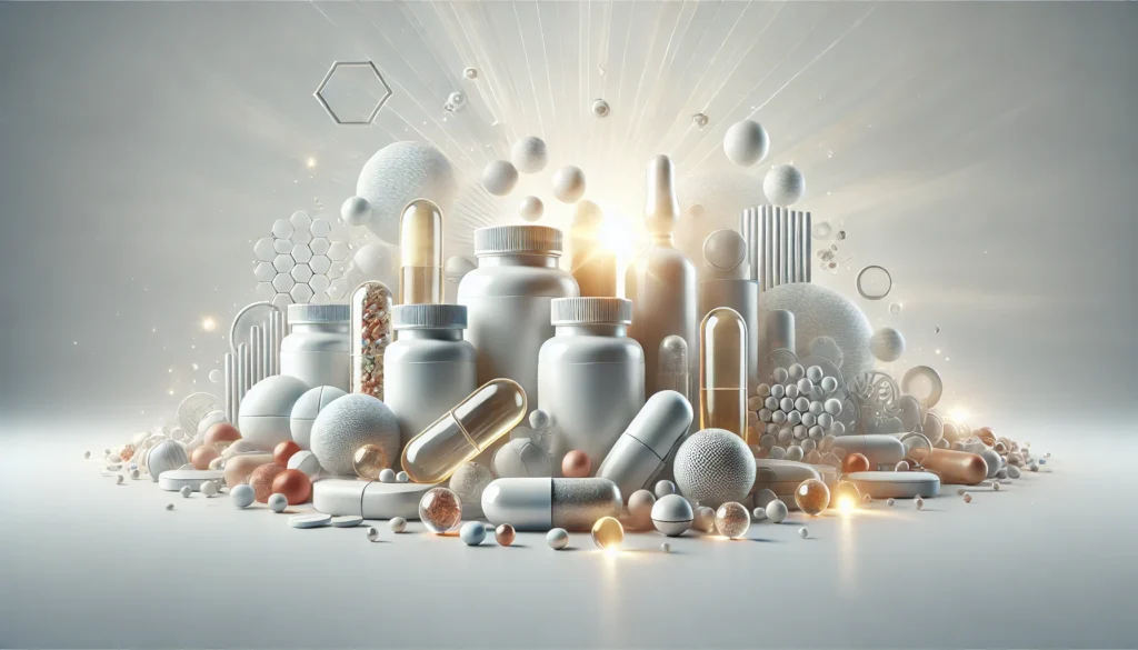 A high-quality collection of Vitamin B complex supplements in capsule, softgel, and tablet forms, arranged elegantly on a clean, white background with subtle lighting emphasizing their premium quality and health benefits.