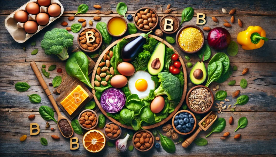 A vibrant display of natural sources of Vitamin B, including leafy greens, eggs, nuts, whole grains, and fish, beautifully arranged on a rustic wooden table to highlight their role in nutrition and overall health.