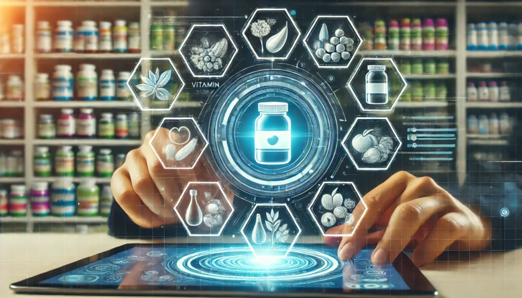 A futuristic representation of a digital health and wellness platform with a holographic interface displaying vitamin and nutritional supplement options, symbolizing innovation and technology in online supplement shopping.