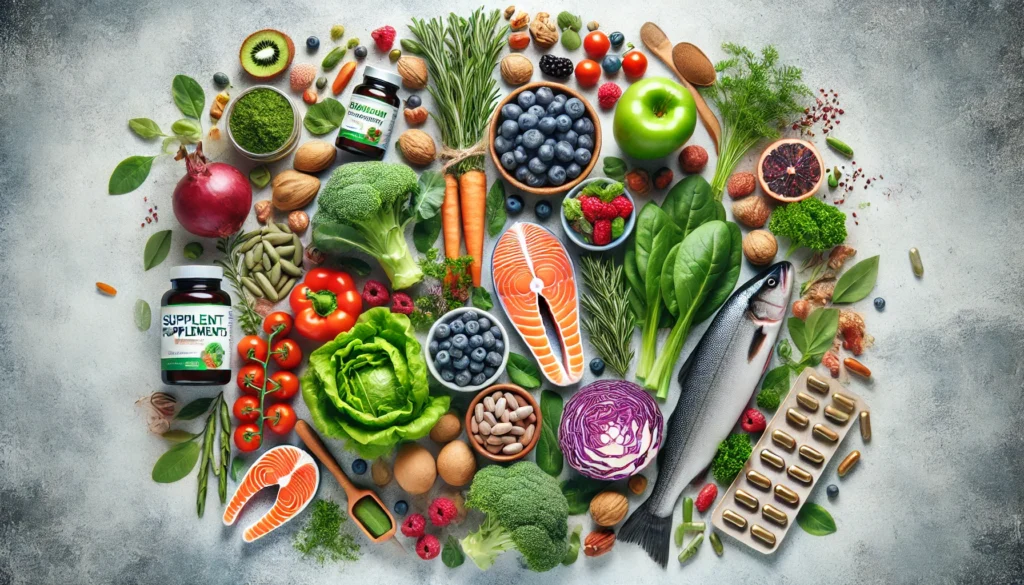 A vibrant composition showcasing fresh, natural ingredients such as leafy greens, berries, nuts, and fish, surrounded by supplement capsules and bottles, highlighting the connection between whole food nutrition and dietary supplements.