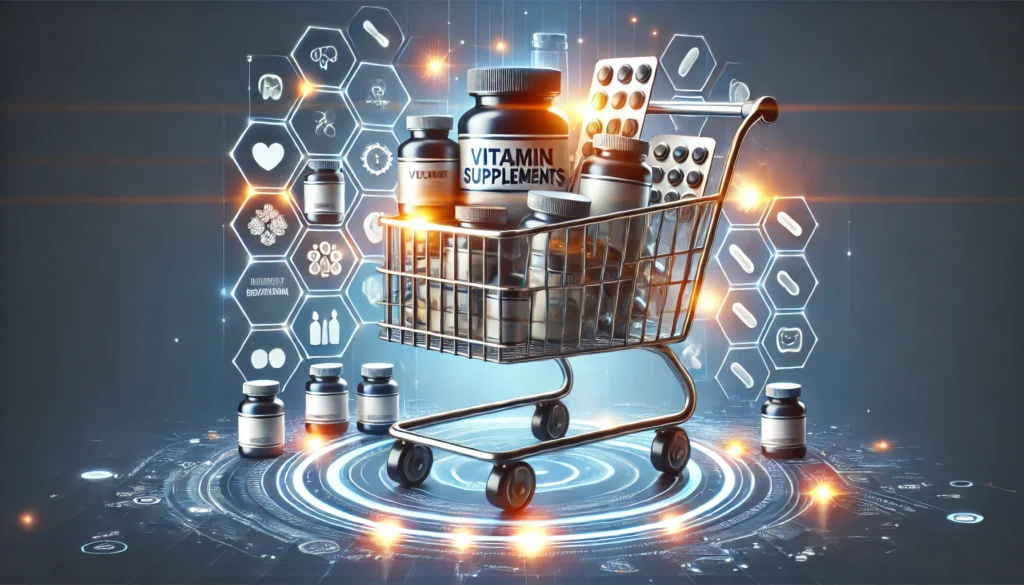 A sleek and modern digital shopping concept featuring a glowing online shopping cart filled with various vitamin and nutritional supplements, symbolizing the ease and convenience of purchasing health products online.