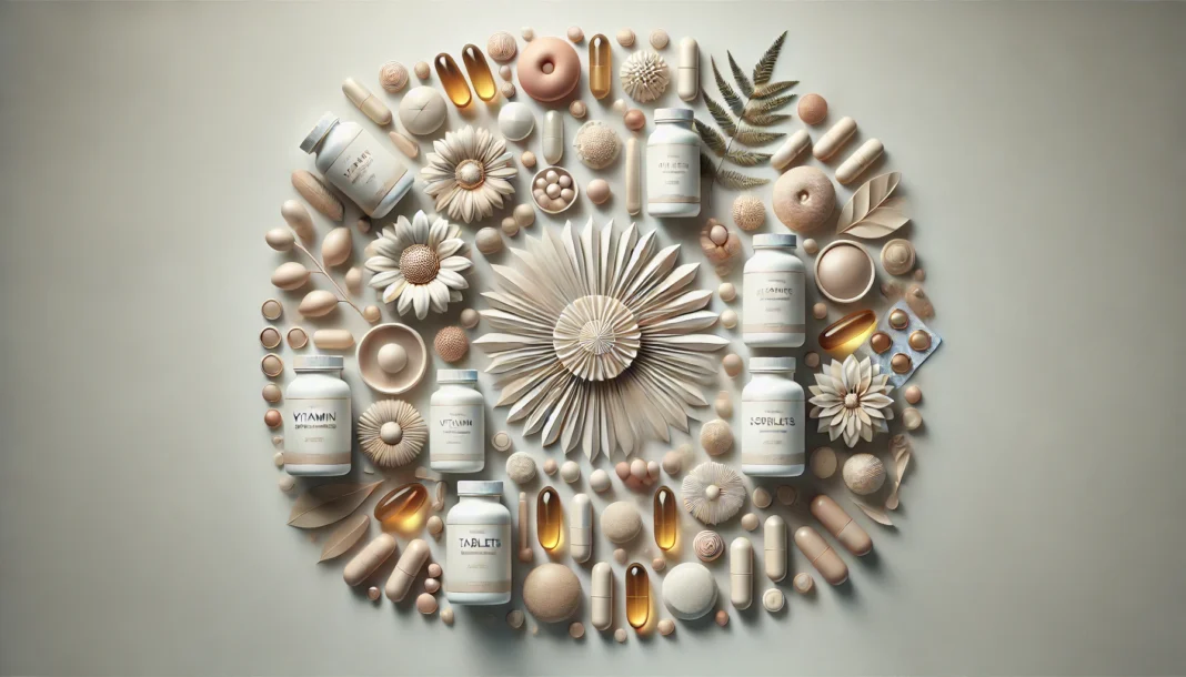A visually appealing display of high-quality vitamin and nutritional supplements, including capsules, tablets, and softgels, carefully arranged on a clean, neutral background to emphasize variety and premium quality.