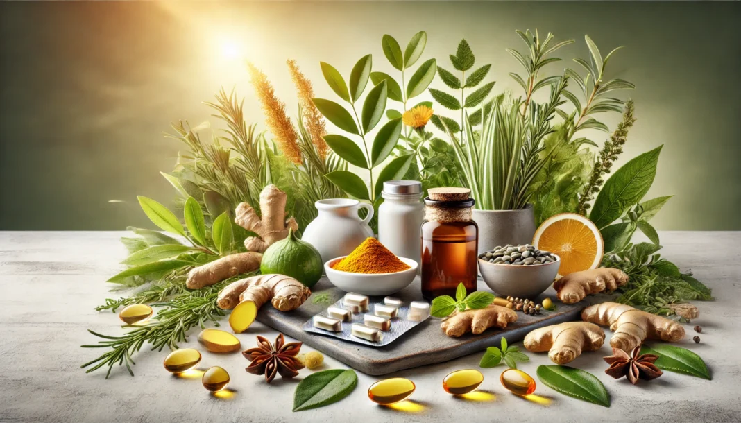 A visually stunning composition featuring an assortment of natural anti-inflammatory supplements, including turmeric root, fish oil capsules, green tea leaves, and ginger, arranged on a clean, modern surface with soft lighting to highlight their organic textures.