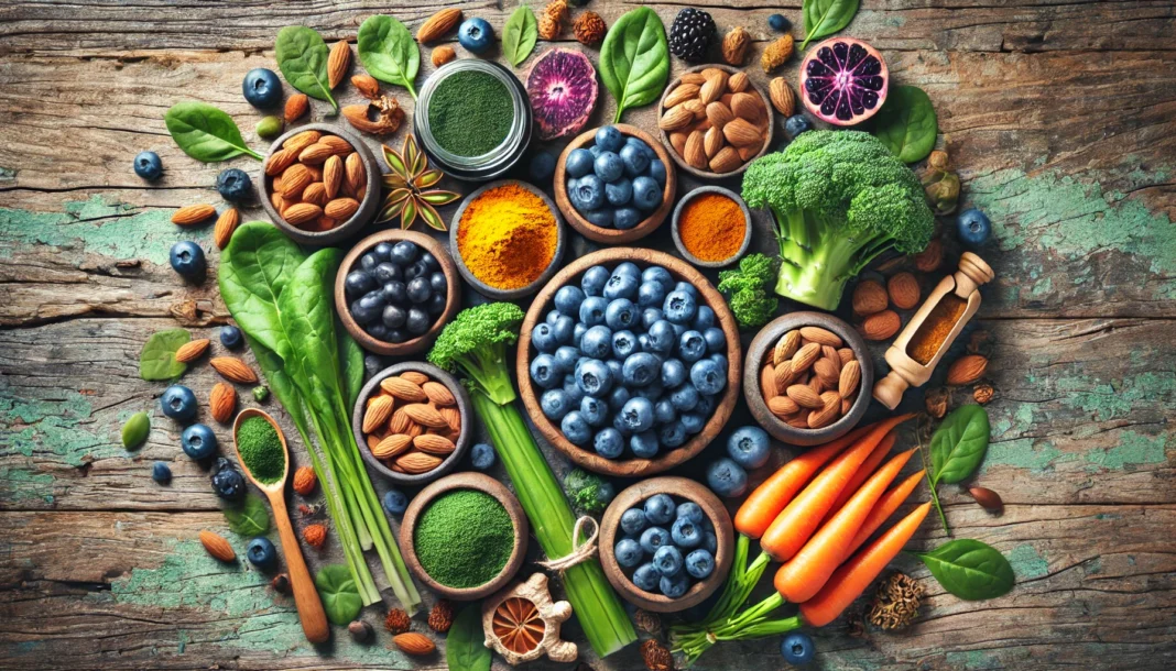 A top-down view of fresh organic fruits, vegetables, nuts, and herbal supplements on a rustic wooden table, symbolizing natural sources of multivitamins for men's health.