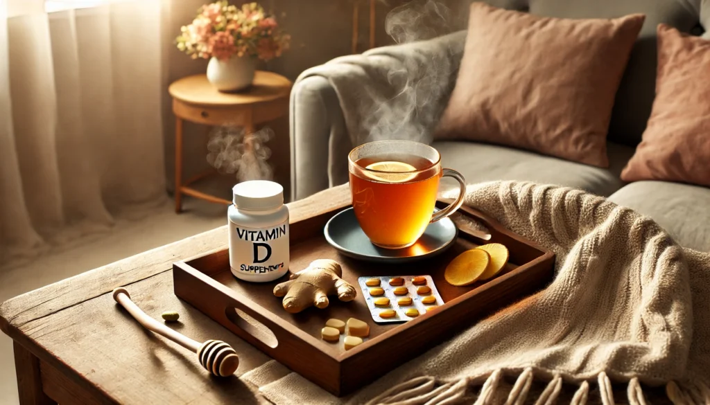 A cozy living room setting with a steaming cup of herbal tea, a soft throw blanket, and a small wooden tray holding vitamin D supplements alongside honey and ginger. The warm ambiance suggests comfort and immune support during colder months.
