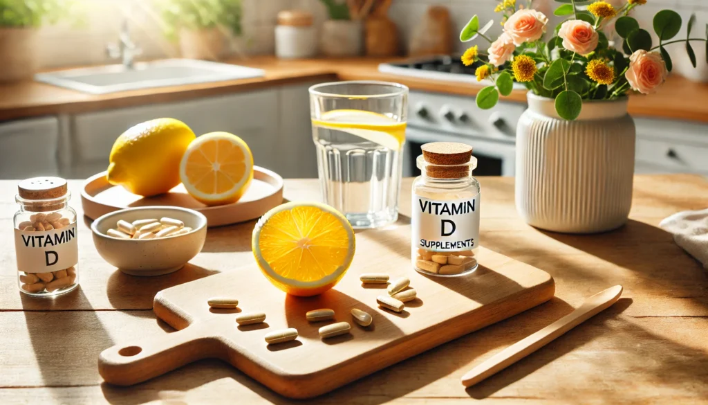 A bright kitchen scene featuring a wooden cutting board with a freshly sliced lemon, a small dish of vitamin D supplements, and a glass of water. Sunlight streams in, highlighting a focus on natural immune support and wellness.
