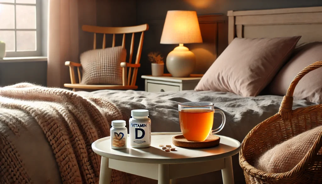 A serene bedroom scene with a bedside table holding a warm cup of tea, a bottle of vitamin D supplements, and a soft-lit lamp. A blanket-draped chair sits nearby, evoking a sense of relaxation and immune-boosting self-care.
