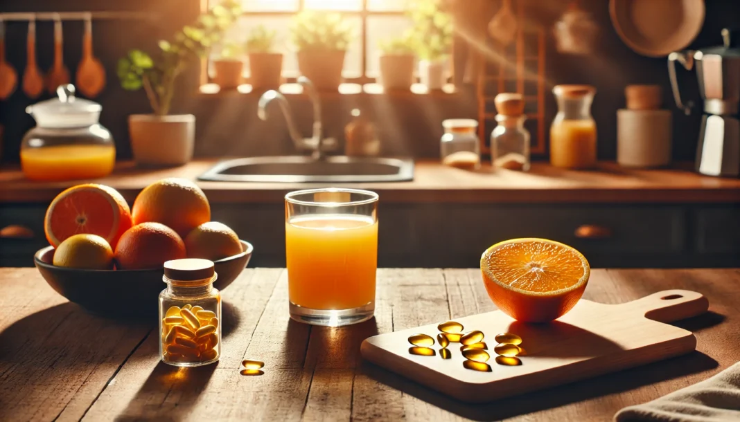 A warm, cozy home setting featuring a wooden kitchen counter with a glass of orange juice, a small dish of vitamin D supplements, and a bowl of citrus fruits. Soft sunlight filters through a nearby window, creating a comforting atmosphere.