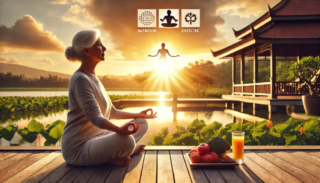 An elderly woman practicing yoga outdoors at sunrise, exuding balance, peace, and well-being, emphasizing the role of proper nutrition and exercise in maintaining health during aging.