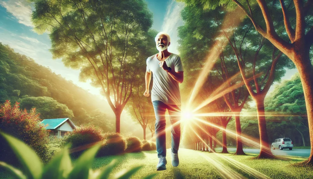 An elderly man jogging in a scenic park during the morning, full of energy and surrounded by lush greenery, representing the benefits of nutrition and an active lifestyle for healthy aging.