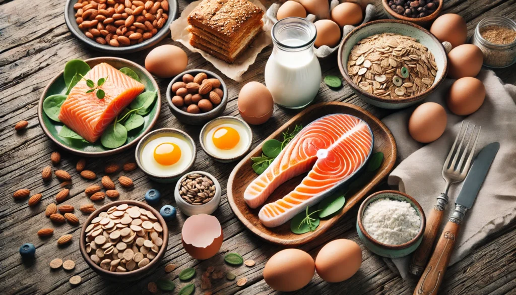 A visually appealing image of a healthy meal featuring vitamin B12-rich foods – including salmon, eggs, dairy, and leafy greens – artistically presented on a plate with natural lighting, showcasing the dietary sources of B12.

