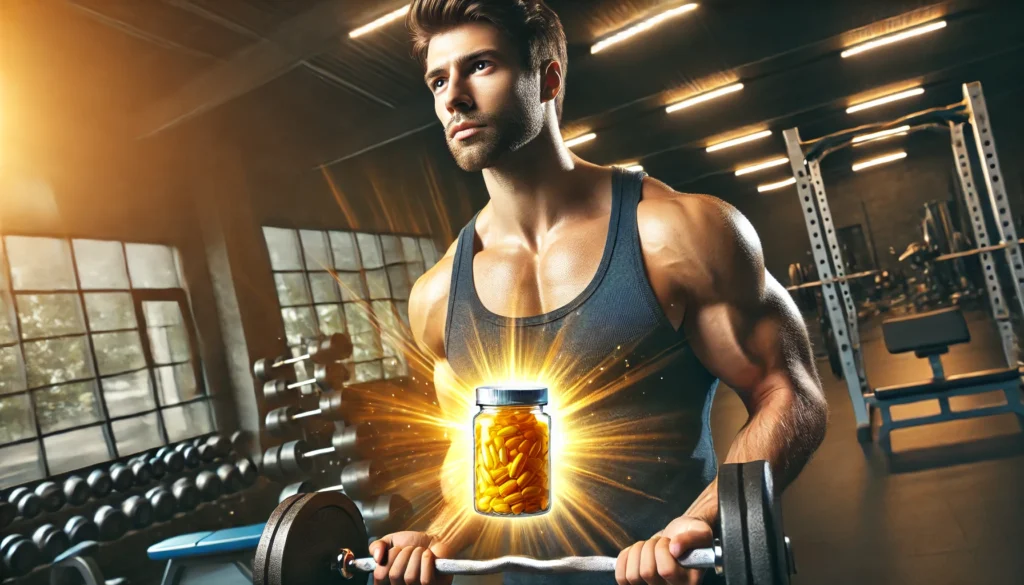 A strong and healthy-looking man in his 30s lifting weights in a well-lit gym, with a glowing aura effect around him symbolizing enhanced strength and vitality from multivitamin supplementation.