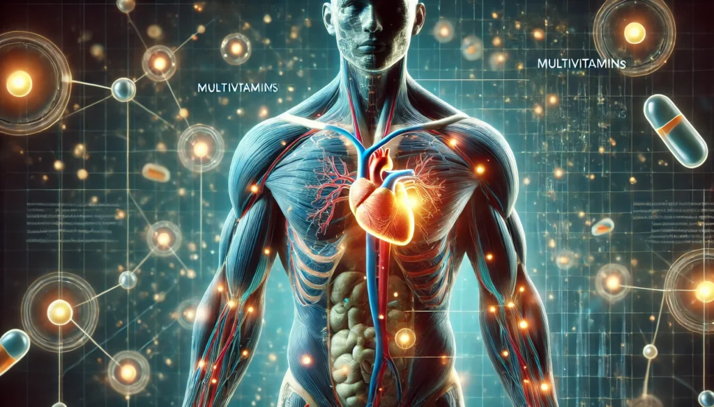 A futuristic illustration of a human body silhouette highlighting muscles and internal organs, with glowing effects around areas benefiting from multivitamins, such as the heart, brain, and immune system.