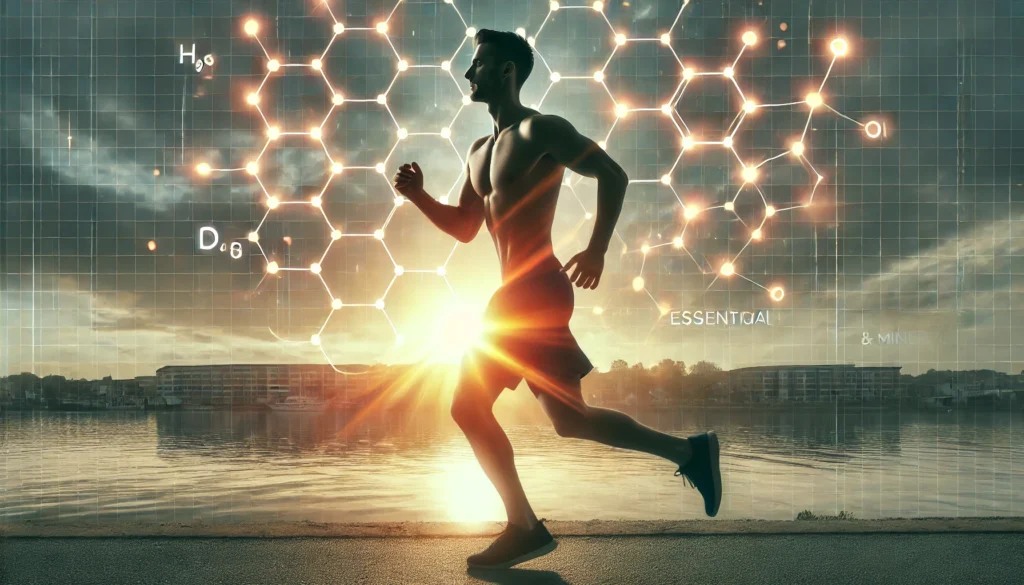 A dynamic and energetic image of a fit, athletic man jogging at sunrise near a body of water, with a subtle overlay of glowing molecular structures representing essential vitamins and minerals for men's energy and vitality.
