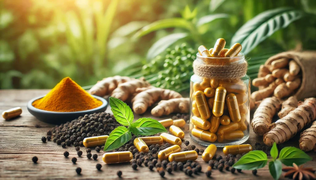 A beautifully arranged image of turmeric and black pepper supplement capsules spilling out of a glass bottle onto a natural wooden surface, with a soft-focus background of turmeric plants and pepper vines.