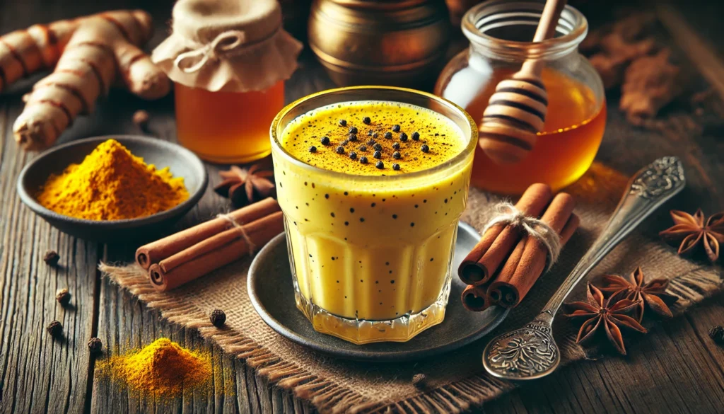A highly detailed image of a golden glass of turmeric milk with black pepper sprinkled on top, placed on a rustic wooden table with cinnamon sticks and honey nearby, evoking warmth and wellness.