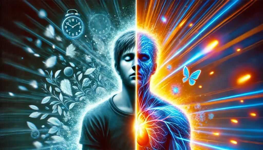 Before and After B12 Energy Boost - A side-by-side artistic comparison of a person before and after taking vitamin B12, transitioning from fatigued and sluggish to vibrant and full of energy, with a glowing energy effect.
