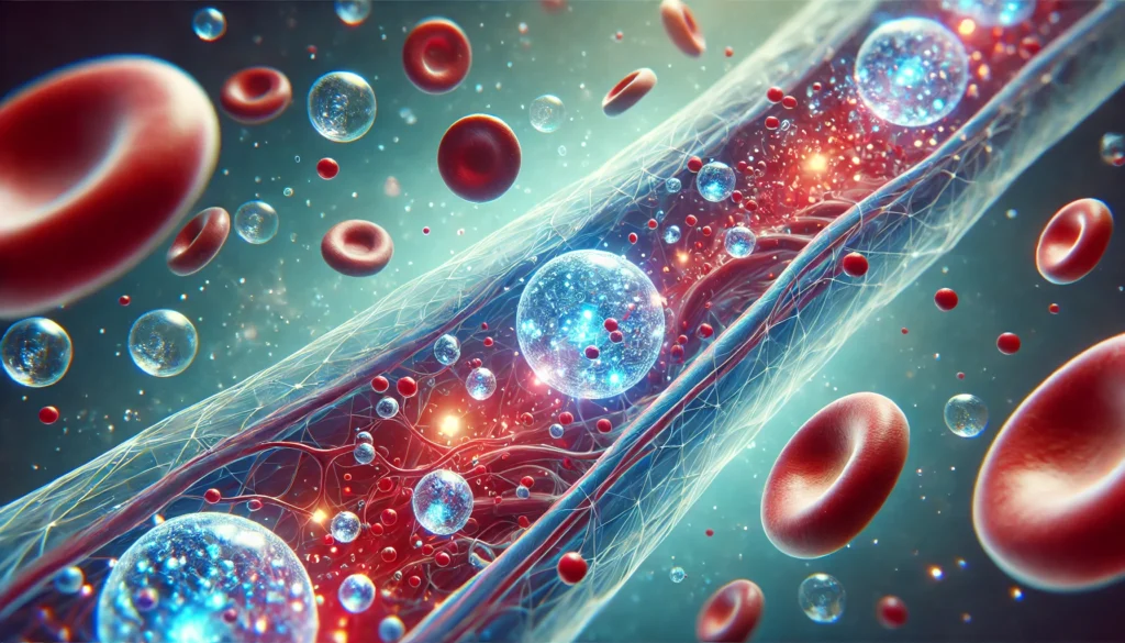 B12 Absorption in Bloodstream - A futuristic 3D-rendered illustration of vitamin B12 molecules being absorbed into the bloodstream, represented as glowing red and blue orbs traveling through translucent veins.
