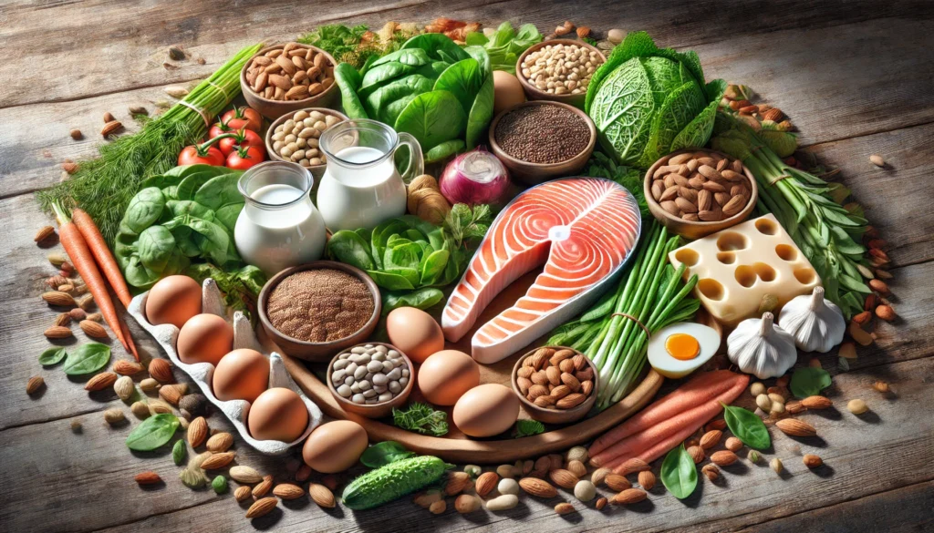 B Vitamin-Rich Foods - A highly detailed depiction of various natural sources of B vitamins, including salmon, eggs, dairy, leafy greens, legumes, and nuts, arranged on a wooden surface with vibrant colors and textures.
