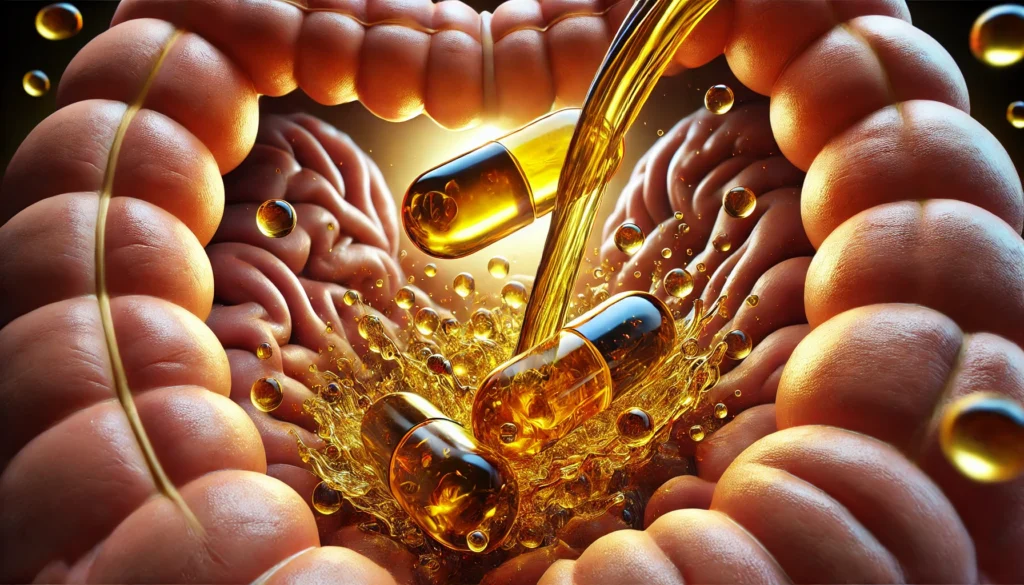 Vitamin D3 Supplementation in Oil: A realistic depiction of vitamin D3 softgel capsules dissolving in oil within a digestive environment, symbolizing its fat-soluble nature and the importance of consuming it with dietary fats.
