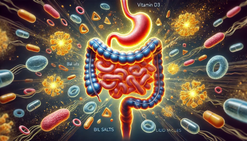 Digestive Tract Absorption of Vitamin D3: An artistic medical illustration depicting vitamin D3 being transported through the intestines and into the bloodstream, highlighting the role of bile salts and lipid micelles.
