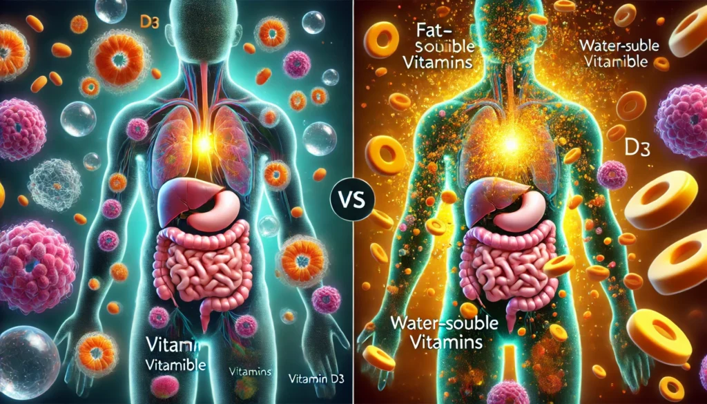 Fat-Soluble vs. Water-Soluble Vitamins: A conceptual representation comparing fat-soluble and water-soluble vitamins, with vitamin D3 dissolving in lipid droplets while water-soluble vitamins disperse in surrounding fluid.
