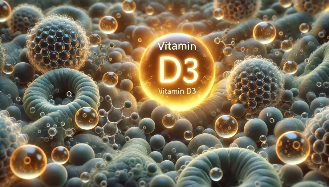 Vitamin D3 and Fat Interaction: A detailed scientific visualization showing vitamin D3 molecules interacting with fat droplets in the digestive system, emphasizing the role of lipids in absorption.