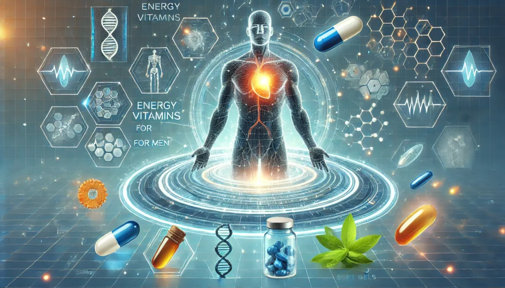 A futuristic wellness concept illustrating the impact of energy vitamins for men, with glowing molecular structures surrounding multivitamin capsules, omega-3 soft gels, and herbal extracts set against a clean, high-tech background representing optimized health and vitality.