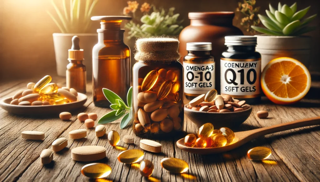 A close-up of high-quality energy supplements for men, including Coenzyme Q10, omega-3 soft gels, and B-complex vitamins, arranged on a rustic wooden table with warm, natural lighting to represent health, stamina, and vitality.