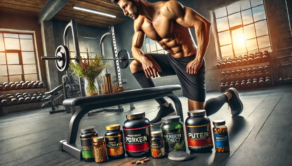 A dynamic fitness-inspired scene featuring a muscular man preparing for a workout with energy-boosting supplements like multivitamins, protein powders, and herbal extracts displayed on a gym bench, symbolizing strength, endurance, and vitality.