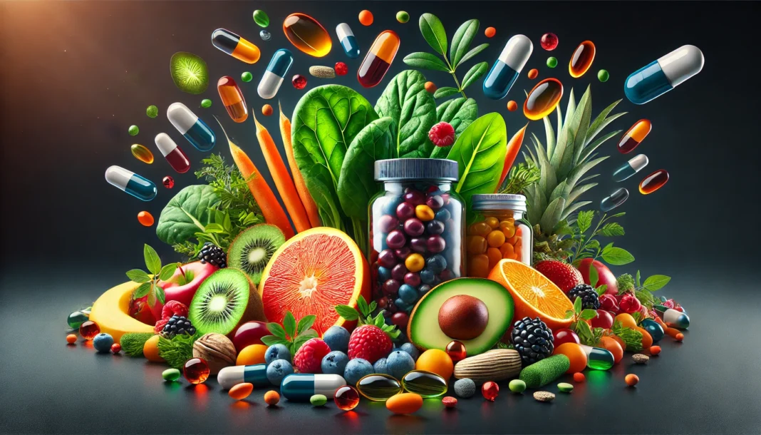 A vibrant composition of energy-boosting vitamins and supplements for men, including capsules, soft gels, and natural sources like nuts, leafy greens, and citrus fruits, arranged on a sleek black surface to convey health, vitality, and strength.