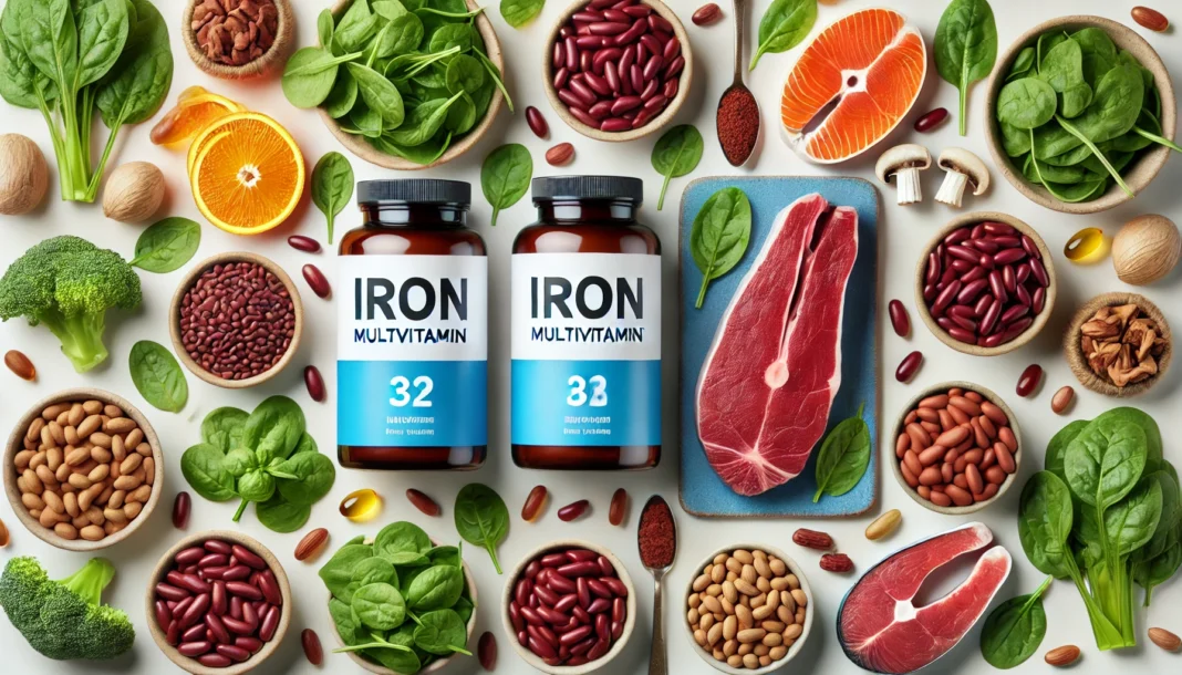 A vibrant display of high-quality multivitamin bottles with iron, placed alongside iron-rich foods such as spinach, red meat, beans, and nuts, highlighting the importance of iron in nutrition and supplementation.