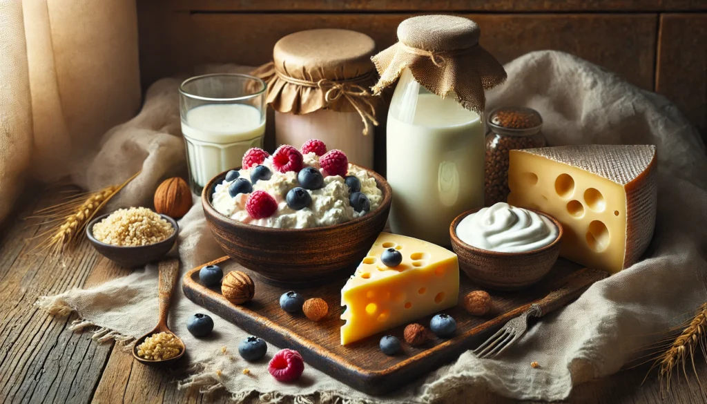 A natural still life composition of probiotic dairy products, including a bowl of yogurt with fresh berries, a bottle of kefir, and aged cheese, set against a rustic wooden backdrop with soft lighting.