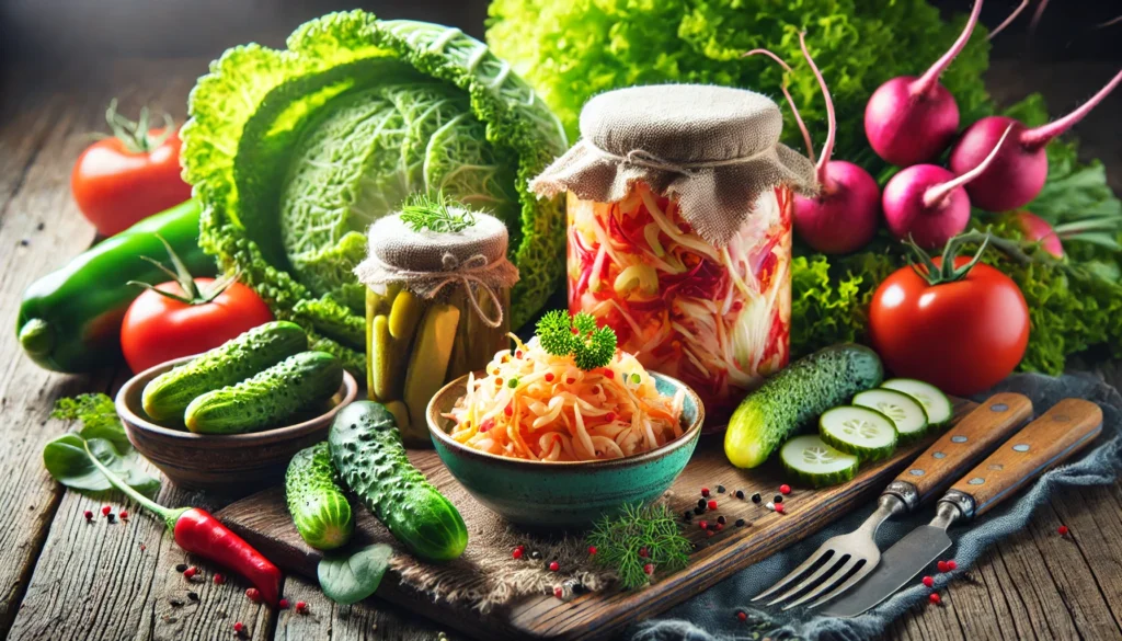 A fresh and colorful arrangement of probiotic-rich vegetables and fermented foods, including a bowl of kimchi, a jar of sauerkraut, and naturally fermented pickles, displayed with bright greens and rustic elements.