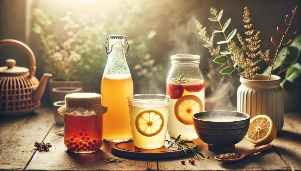 A beautifully arranged selection of probiotic beverages, featuring kombucha, water kefir with floating fruit slices, and steaming miso soup, set on a wooden surface with warm, organic lighting.