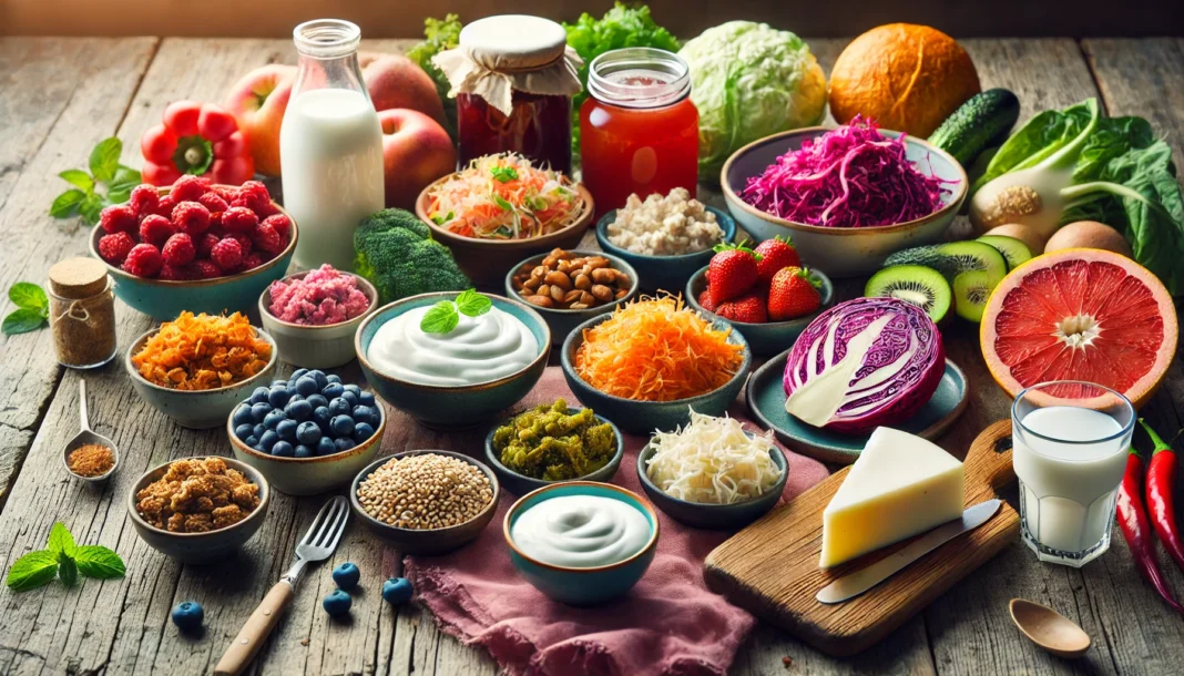 A vibrant display of probiotic-rich foods, including yogurt, kefir, sauerkraut, kimchi, miso, natto, and a glass of kombucha, arranged on a rustic wooden table with natural lighting highlighting their textures and colors.