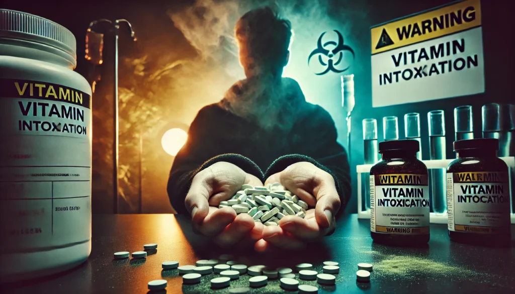 Excessive Vitamin Consumption Warning - A close-up of a hand holding an excessive number of vitamin pills, with a blurred background of medical equipment and a caution sign, emphasizing the importance of responsible supplement use.
