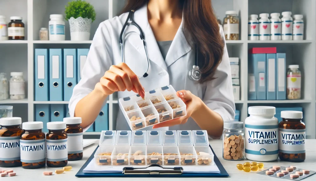 Expert Guidance on Vitamin Use - A pharmacist or nutritionist handling vitamin supplements in a clean, professional setting, placing them into a pill organizer, symbolizing expert advice on supplement management.
