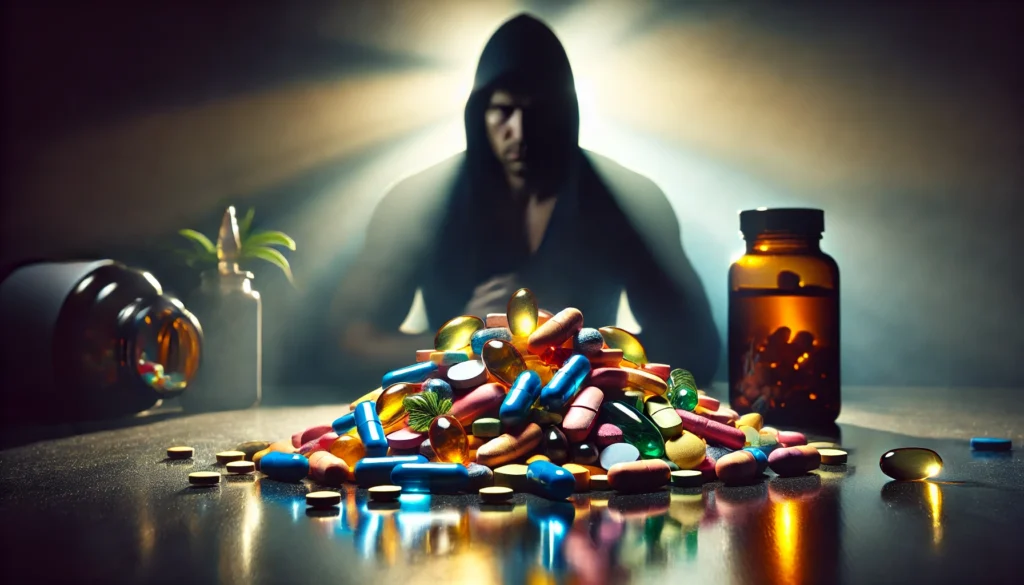 Dangers of Vitamin Intoxication - A dramatic scene of an overflowing pile of colorful vitamin pills spilling onto a reflective surface, with a blurred silhouette of a concerned person in the background, highlighting the risks of excessive supplement intake.
