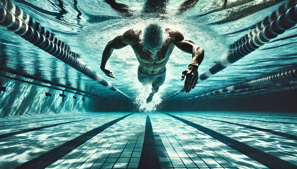An athlete swimming freestyle in an Olympic-sized pool, creating ripples in the crystal-clear water, showcasing swimming as an effective aerobic exercise.