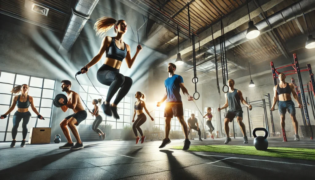 A modern gym with individuals performing high-intensity interval training (HIIT) exercises such as jumping rope, burpees, and kettlebell swings, highlighting cardio endurance.
