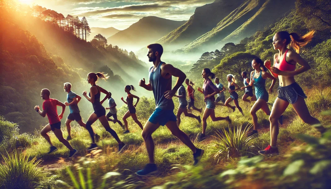 A group of runners on a scenic outdoor trail surrounded by lush greenery and mountains, displaying motion and endurance, emphasizing cardiovascular fitness.