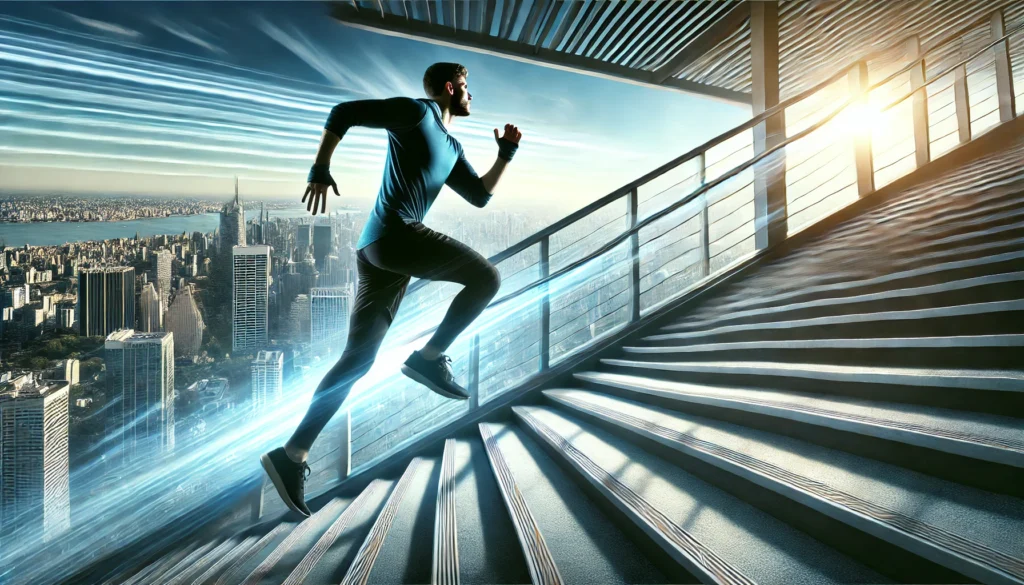 A fit person sprinting up a staircase with energy and determination, symbolizing improved cardiovascular health. The background is an urban setting with a clear sky, representing progress and fitness achievement.