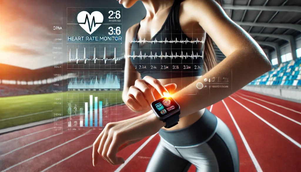 An athlete wearing a heart rate monitor, analyzing their fitness data on a smartwatch. The background shows a running track or gym, emphasizing tracking cardiovascular performance and improvement.