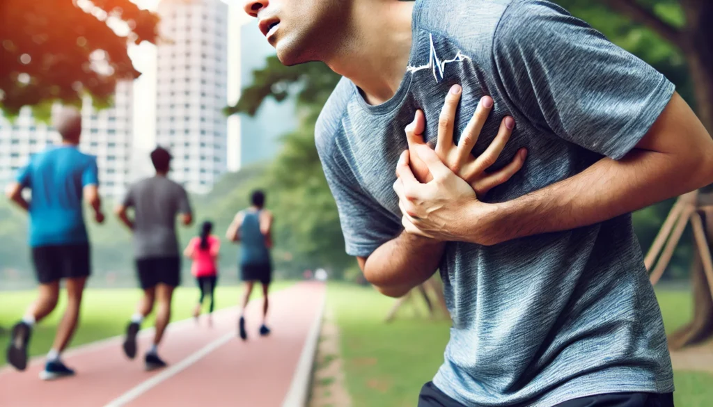 A person clutching their chest while jogging outdoors, appearing fatigued and struggling to breathe. The background features a scenic park with a jogging path and other runners, highlighting cardiovascular endurance challenges.